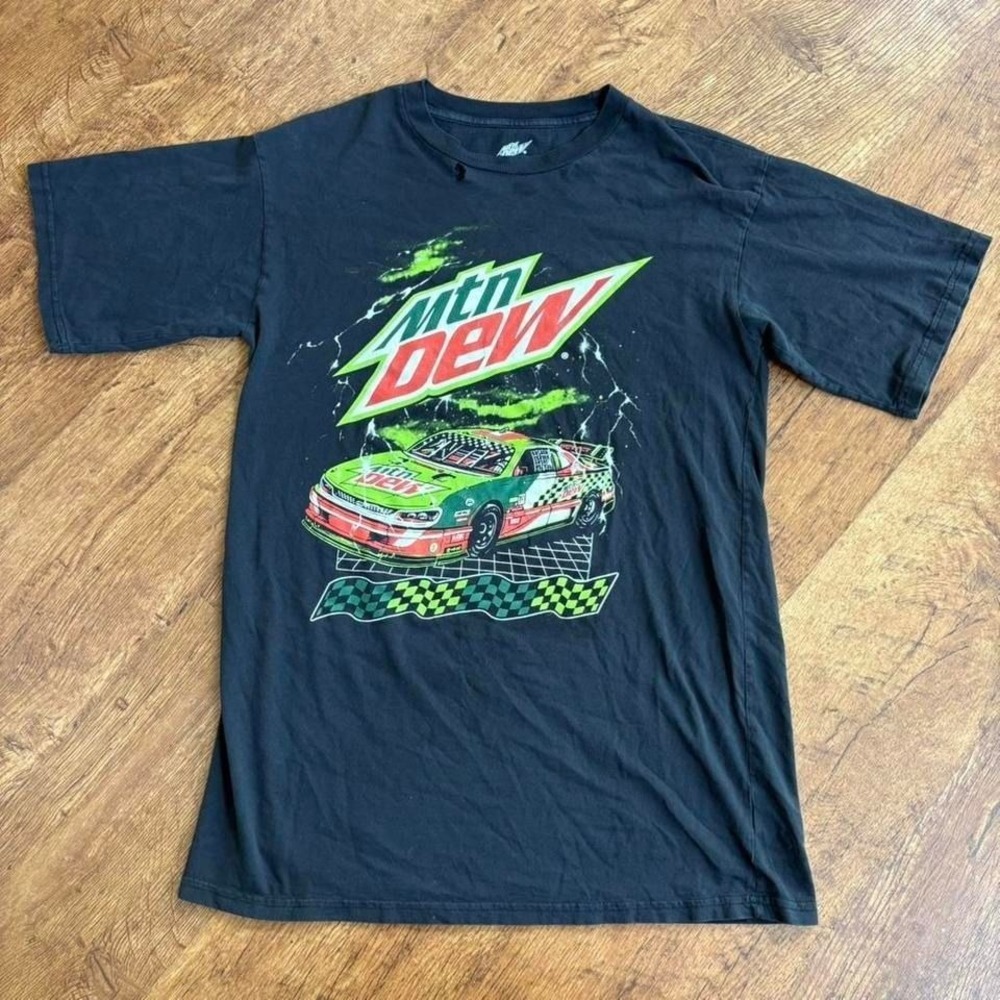 hella faded black (looks grey/navy) Mountain Dew NASCAR inspired graphic t-shirt
